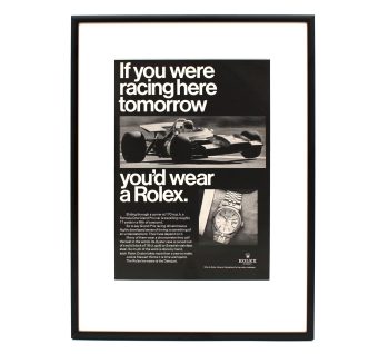 Authentic framed 1969 Vintage Print Ad Datejust - F1 Jackie Stewart "If you were racing here tomorrow, you'd wear a Rolex"