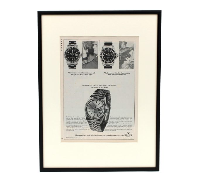 Authentic framed 1966 Rolex GMT-Master, Submariner, DateJust Vintage Playboy Print Ad