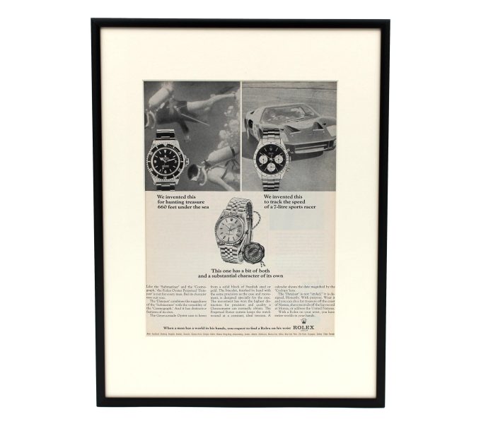 Authentic framed 1966 Rolex Submariner, Daytona, DateJust Vintage Playboy Print Ad