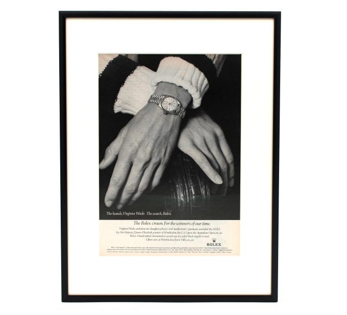 Authentic framed 1979 Rolex Lady-Date "The hands, Verginia Wade. The watch, Rolex." Print Ad