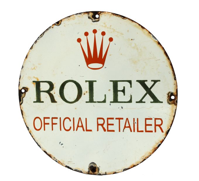 1970’s authentic porcelain enamel 30 cm Rolex Official Retailer advertising sign