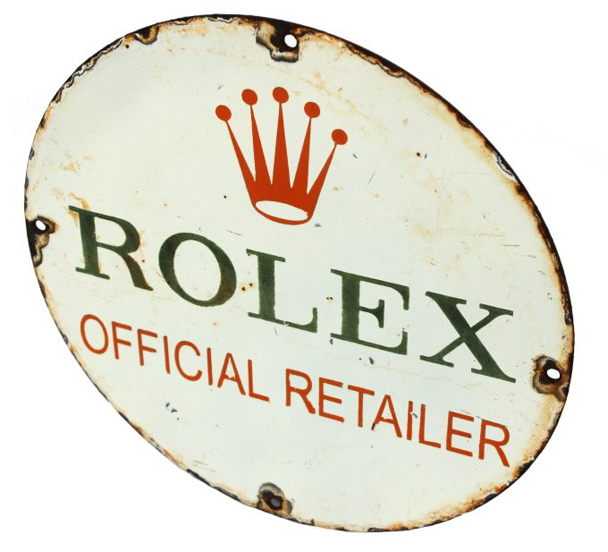 1970’s authentic porcelain enamel 30 cm Rolex Official Retailer advertising sign