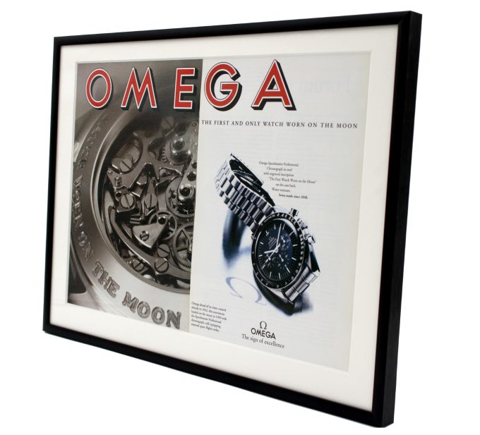 Authentic framed 1990's double-paged Vintage Print Ad Omega Moonwatch "The First and Only Watch Worn on the Moon"