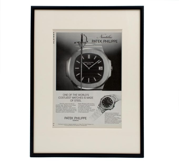 Authentic framed 1978 Vintage Print Ad Patek Philippe Nautilus - "One of the most costliest watches is made of steel"