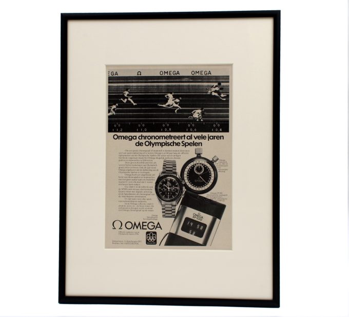 Authentic framed 1974 Vintage Print Ad Dutch Omega "iconic timepieces and stopwatches used in the Olympics"