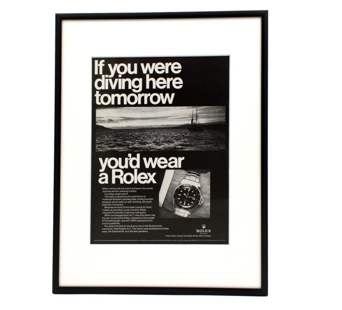 Authentic framed 1968 Vintage Print Ad Rolex Submariner "If you were diving here tomorrow, you'd wear a Rolex"