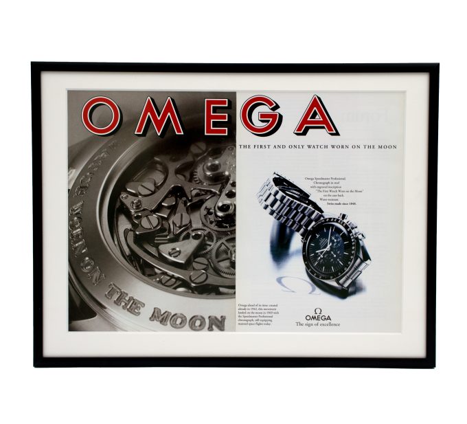 Authentic framed 1990's double-paged Vintage Print Ad Omega Moonwatch "The First and Only Watch Worn on the Moon"