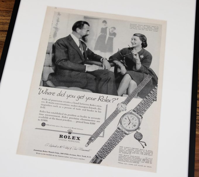 Authentic framed 1959 Ladys Orchid and Rolex Day Date authentic Print Ad
