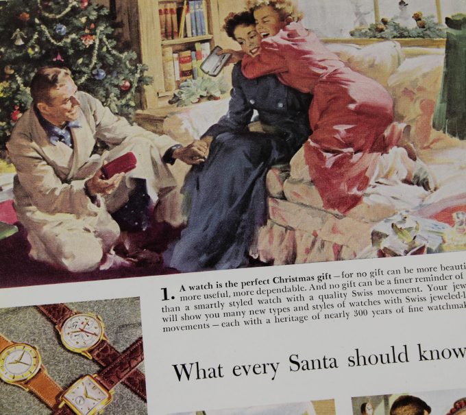 Authentic framed 1950's “What Every Santa Should Know” Watchmakers of Switzerland Christmas Print Ad