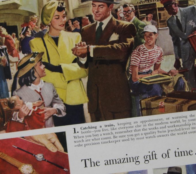 Authentic framed 1950's “The amazing gift of time…” Watchmakers of Switzerland Print Ad