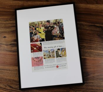 Authentic framed 1950's “The amazing gift of time…” Watchmakers of Switzerland Print Ad