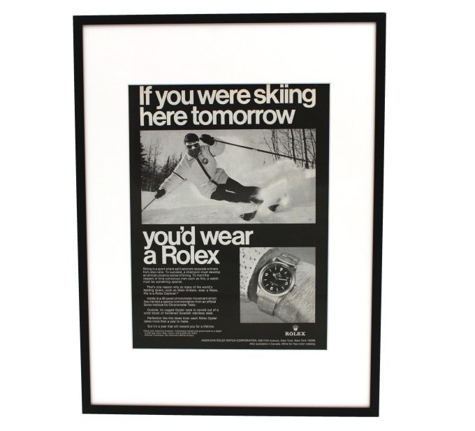Authentic framed 1970's Vintage Print Ad Rolex Explorer "If you were skiing here tomorrow, you'd wear a Rolex"