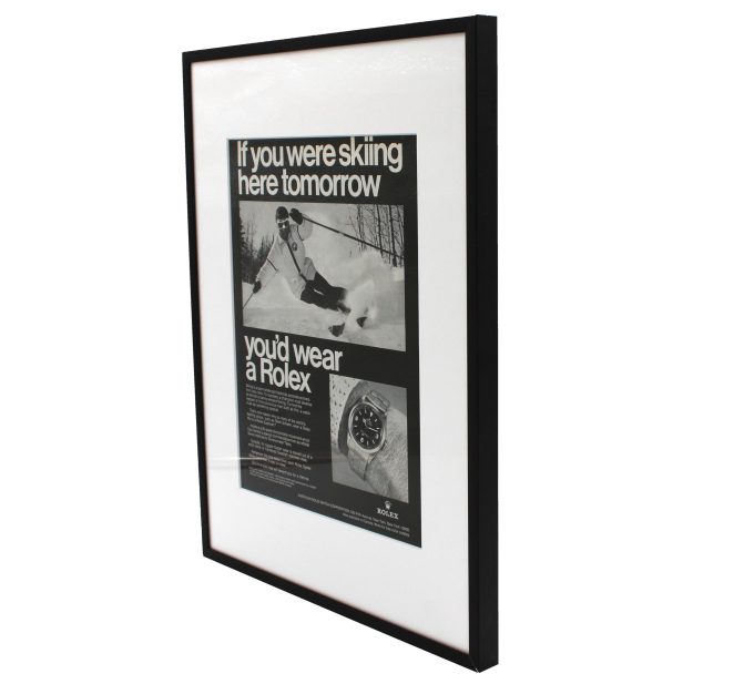 Authentic framed 1970's Vintage Print Ad Rolex Explorer "If you were skiing here tomorrow, you'd wear a Rolex"