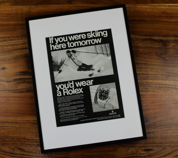 Authentic framed 1970's Vintage Print Ad Rolex Explorer "If you were skiing here tomorrow, you'd wear a Rolex"