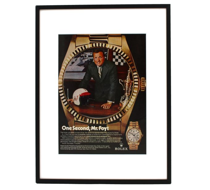 Authentic Framed 1974 Vintage Print Ad Rolex Day-Date "One Second, Mr. Foyt"