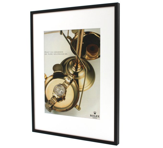 Authentic Framed 1990s French Vintage Print Ad Rolex Lady-Datejust “Cent dix grammes de pure gourmandise” (110 grams of pure indulgence)