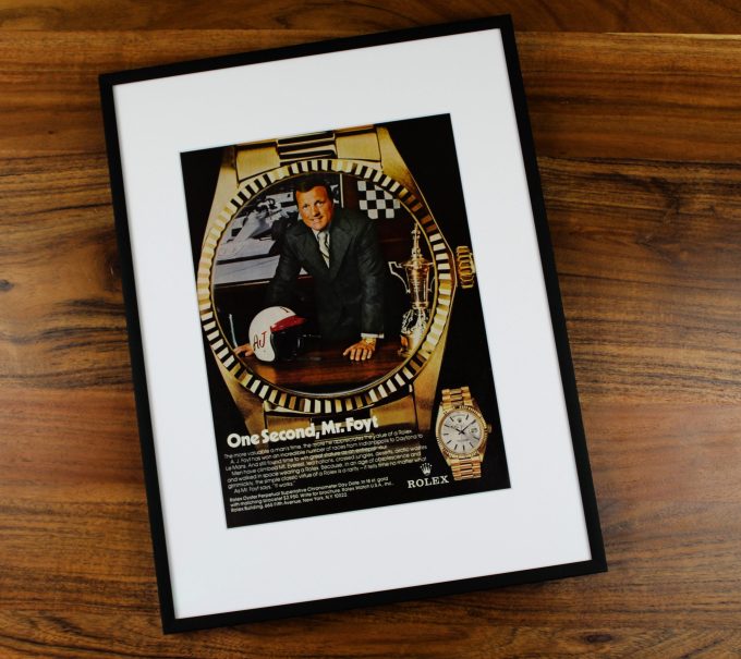 Authentic Framed 1974 Vintage Print Ad Rolex Day-Date "One Second, Mr. Foyt"