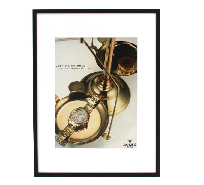 Authentic Framed 1990s French Vintage Print Ad Rolex Lady-Datejust “Cent dix grammes de pure gourmandise” (110 grams of pure indulgence)
