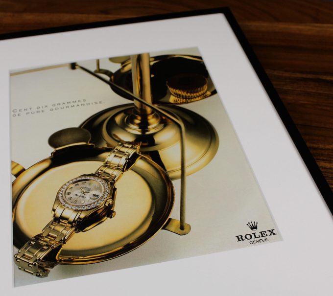 Authentic Framed 1990s French Vintage Print Ad Rolex Lady-Datejust “Cent dix grammes de pure gourmandise” (110 grams of pure indulgence)