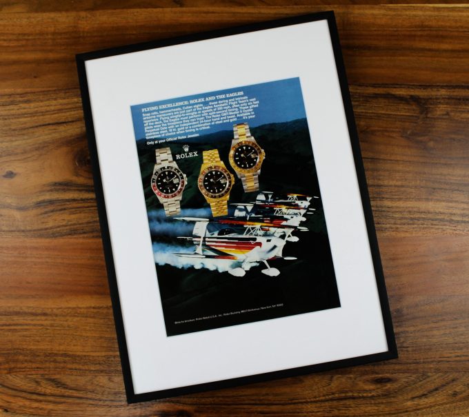 Authentic Framed 1991 Vintage Print Ad Rolex GMT-Master “Flying Excellence: Rolex and The Eagles”